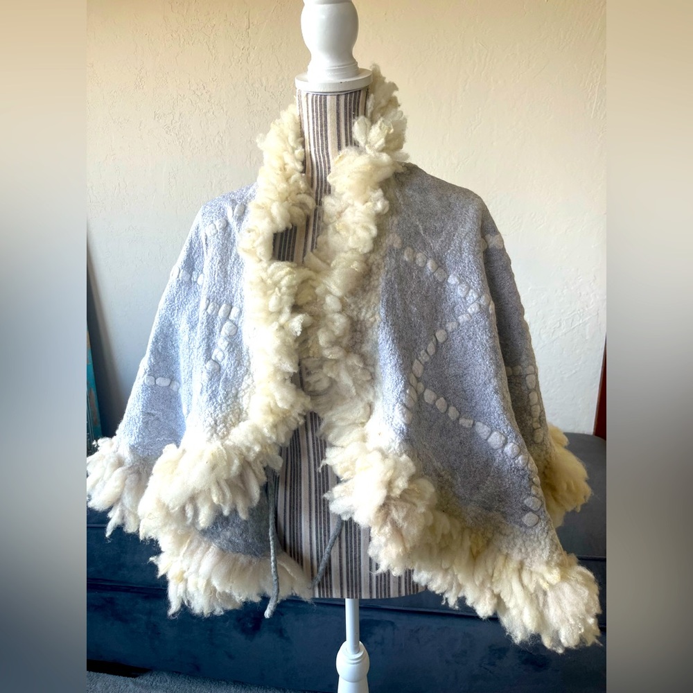 Handmade Felted Alpaca Shawl with Alpaca Fur Trim